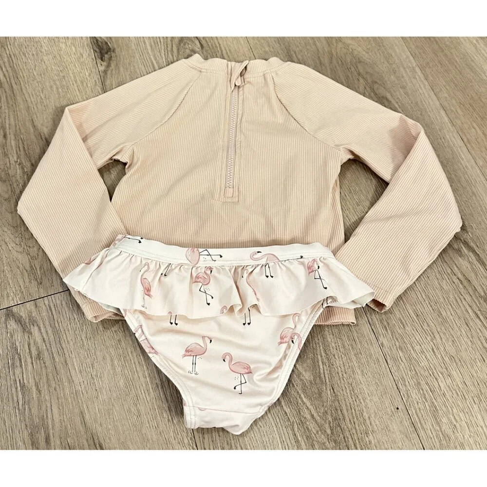 PETIT LEM Ribbed Long-Sleeve Rose Quartz & Flamingos Rashguard Set Size 2